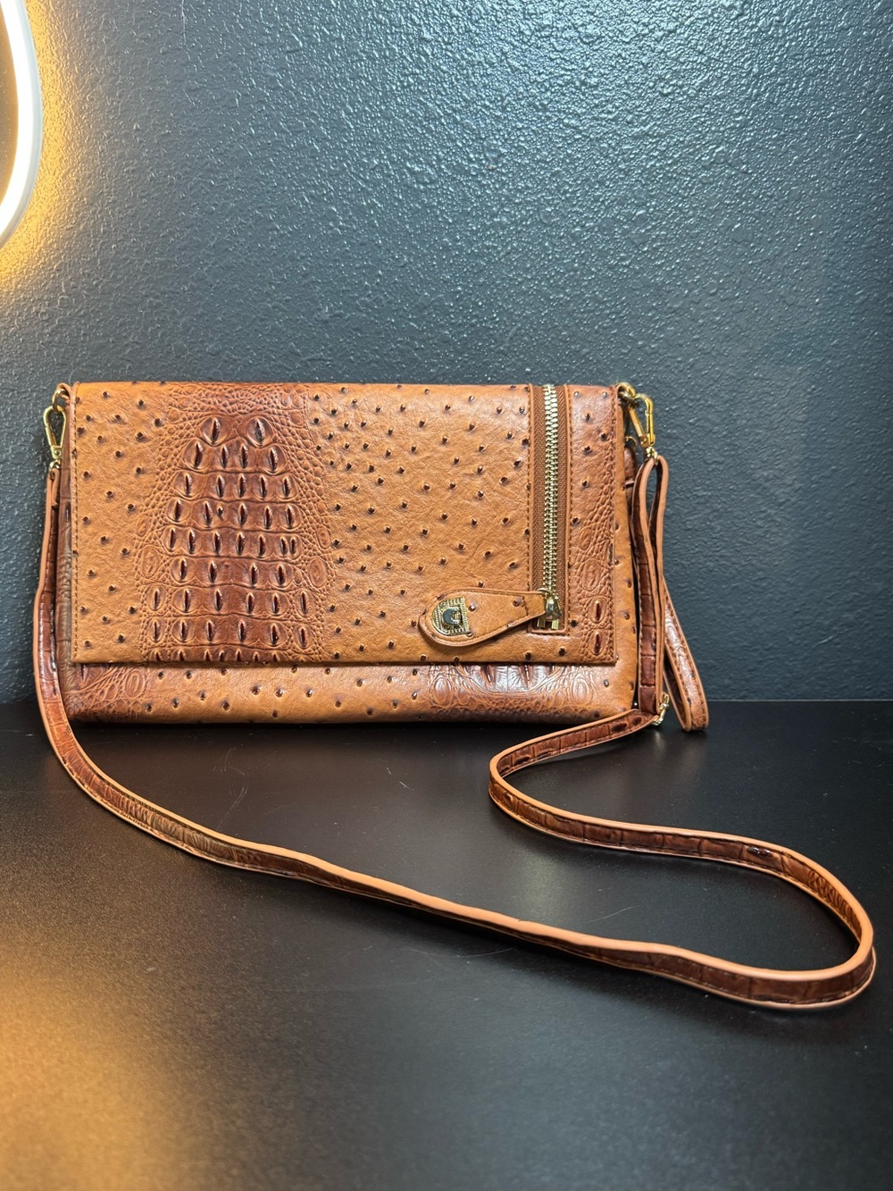 Brown Croc Embossed Convertible Crossbody Clutch Wristlet